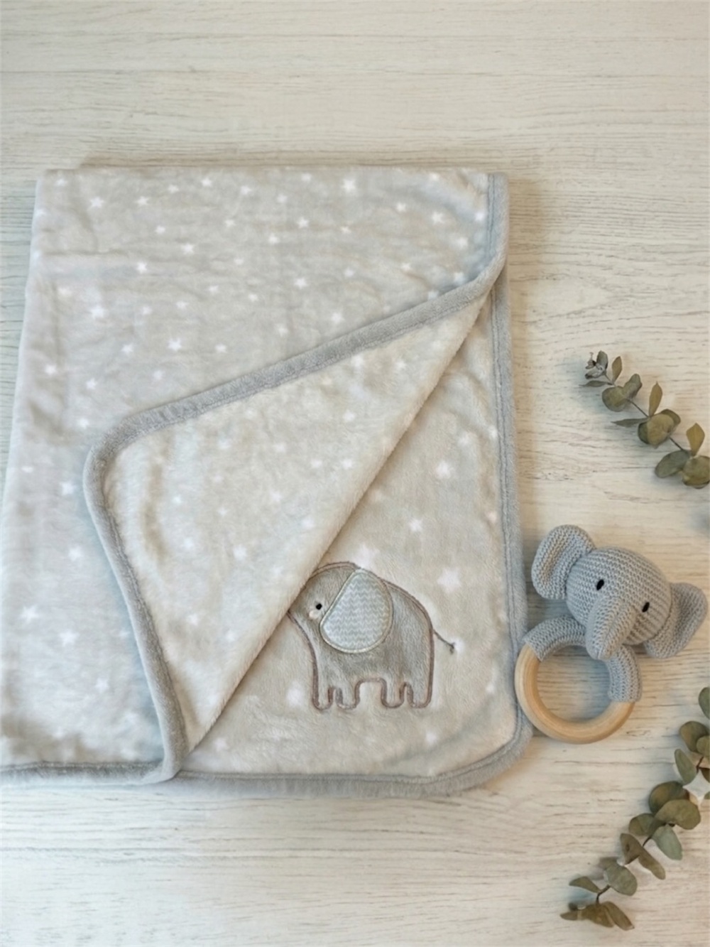 Parent’s Choice Baby Blanket Gray Elephant Stars Plush Fleece EUC Neutral